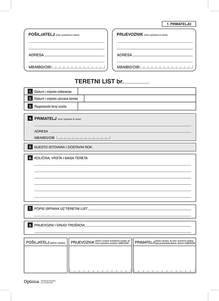 Teretni list EC-VI-56/B NCR, blok A4, 3x50 L OPTIMA